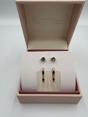 Chrystina Gold-Tone Green Crystal Drop & Clear Stud Earring Set